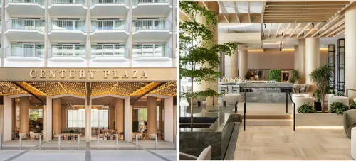 Entrance of the Fairmont Century Plaza (left) and the lobby of the Fairmont Century Plaza (right)